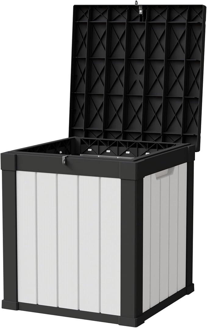 50 Gallon Storage Box, Waterproof Deck Box for Indoor & Outdoor Use, Lockable Pool Storage Bin for Package Delivery, Outdoor Bench for Patio Cushions, Garden Tools, Backyard, Black & White-VerdiqueGarden