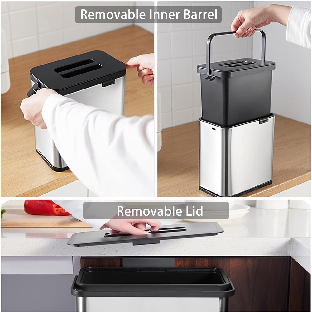 SIDIANBAN Hanging Trash Can with Lid for Kitchen Cabinet Door, 0.8 Gal/3L Stainless Steel Garbage Can Kitchen Compost Bin for Countertop or Under Sink-VerdiqueGarden