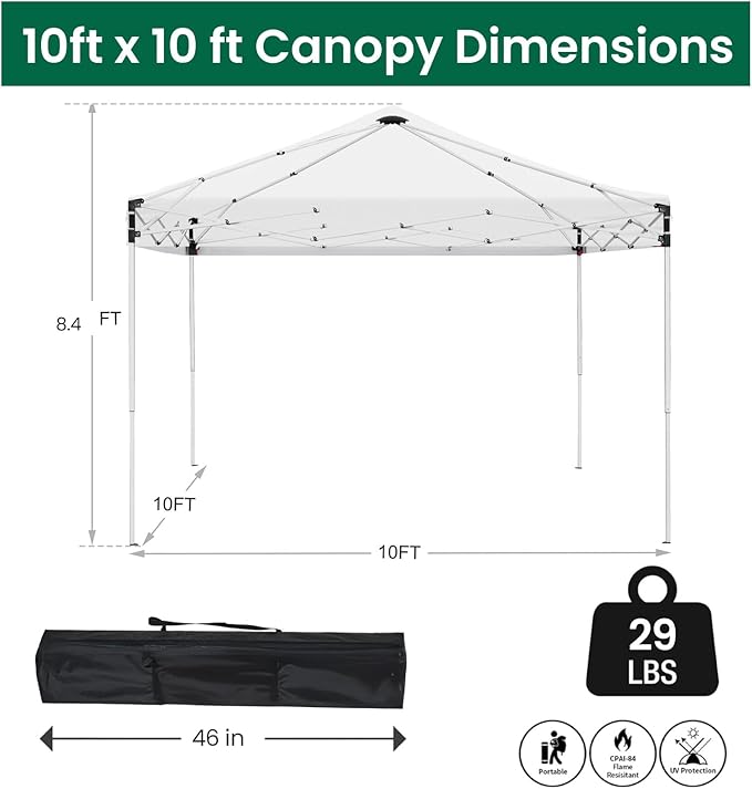 10x10ft Pop Up Canopy Tent,Heavy Duty Waterproof Folding Tent for Camping Parties Events Parties,Outdoor Canopy,Portable Sun Shelter,3 Adjustable Height(White)-VerdiqueGarden