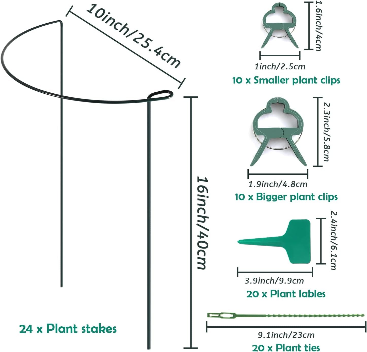 24 Pack Plant Support Stake, Half Round Metal Garden Plant Stake, Green Plant Support Ring, Border Support with Plant Lables & Plant Clips for Outdoor Indoor Plants, Vegetable, Flowers-VerdiqueGarden