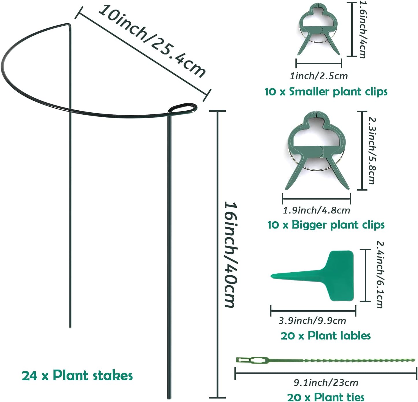 24 Pack Plant Support Stake, Half Round Metal Garden Plant Stake, Green Plant Support Ring, Border Support with Plant Lables & Plant Clips for Outdoor Indoor Plants, Vegetable, Flowers-VerdiqueGarden