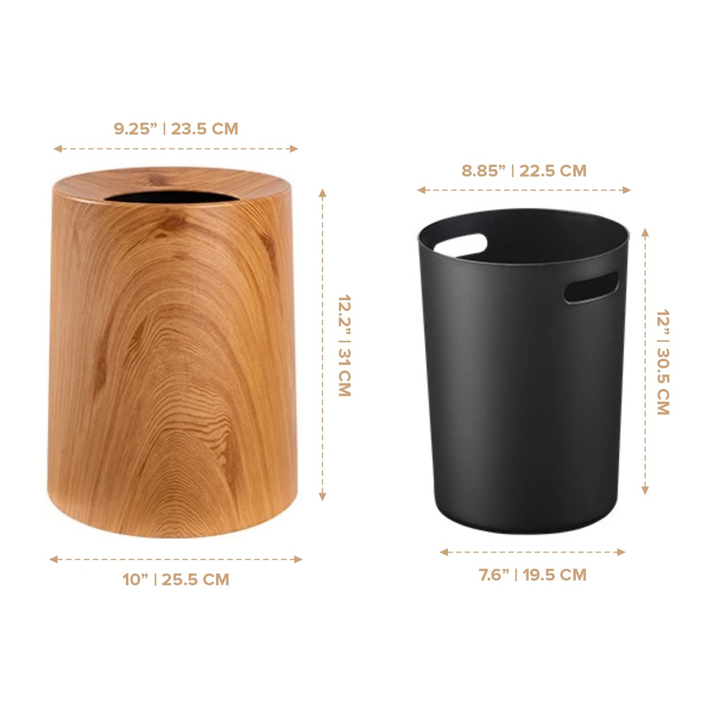 Anti Spill Nordic Wood Grain Look Waste Basket - Kids Pet Proof Garbage Container - Safer & Cleaner Indoor Outdoor Trash Can 3.2Gal - Patio Yard Entry Garbage Can - Round Modern Design 10"x10"x12"-VerdiqueGarden
