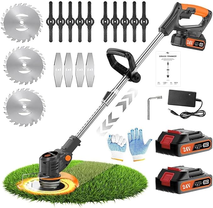 Weed Wacker 24V Eater Battery Brush Cutter, Electric Eater Battery Cordless stringles with 2 Batteries, 1 Charger, 3 Types Blades, Weed Wacker Battery Powered, Lightweight Battery Electric Weed-VerdiqueGarden