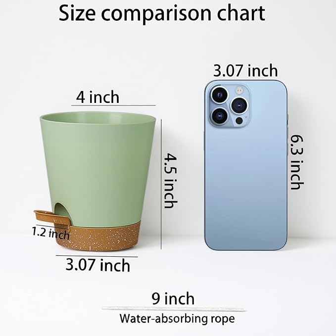 12 Pack 4 Inch Self Watering Plant Pots with Drainage and Saucers，Plastic Flower Pots for Indoor and Outdoor Plants, Nursery Planters for Houseplants and Herbs Green Brown, 4 inch 12pcs-VerdiqueGarden