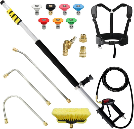 janz 24 FT, Aluminum Telescoping Pressure Washer Wand with 2 Pressure Washer Extension Wands,Gutter Cleaner Attachment, 7 Spray Nozzle Tips, 2 Hose Inlet Adapters, Pivoting Coupler and Support Harness-VerdiqueGarden
