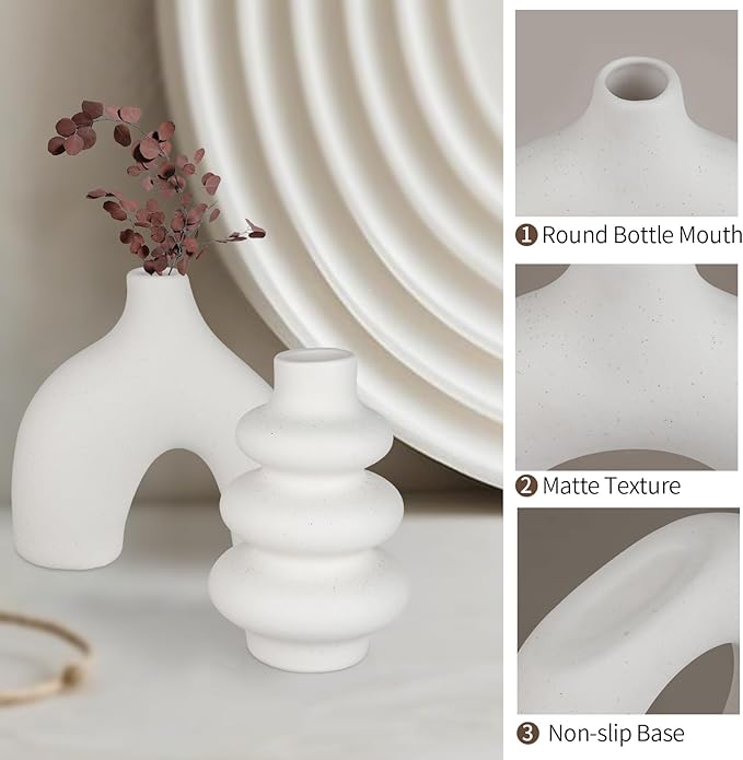 Ceramic Vase Set of 3, Small Flower Vase for Home Decor, Decorative Vases for Pampas Grass & Dried Flowers, Living Room, Bedroom, Bathroom, Shelf Centerpiece Table Decorations-VerdiqueGarden