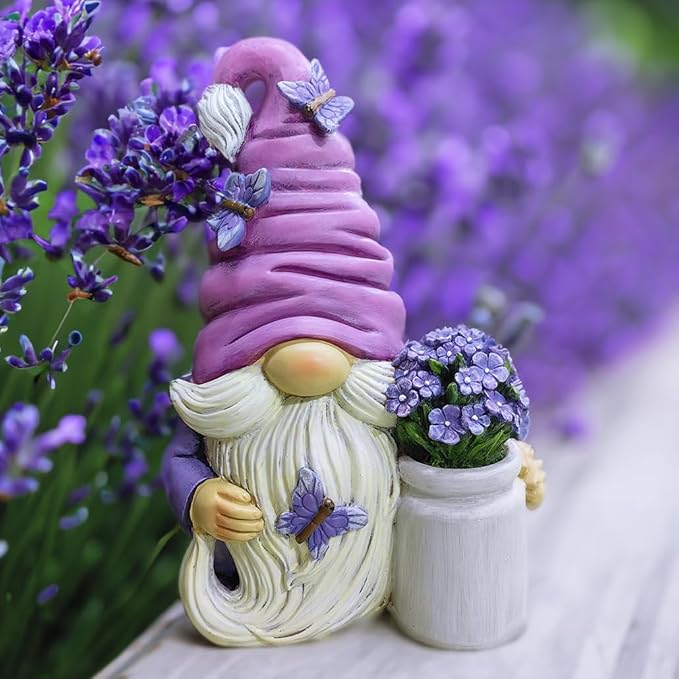 Garden Grace Lavender Gnome Figurine, 10" Purple Home Decor Statue with Butterflies and Flowers-VerdiqueGarden