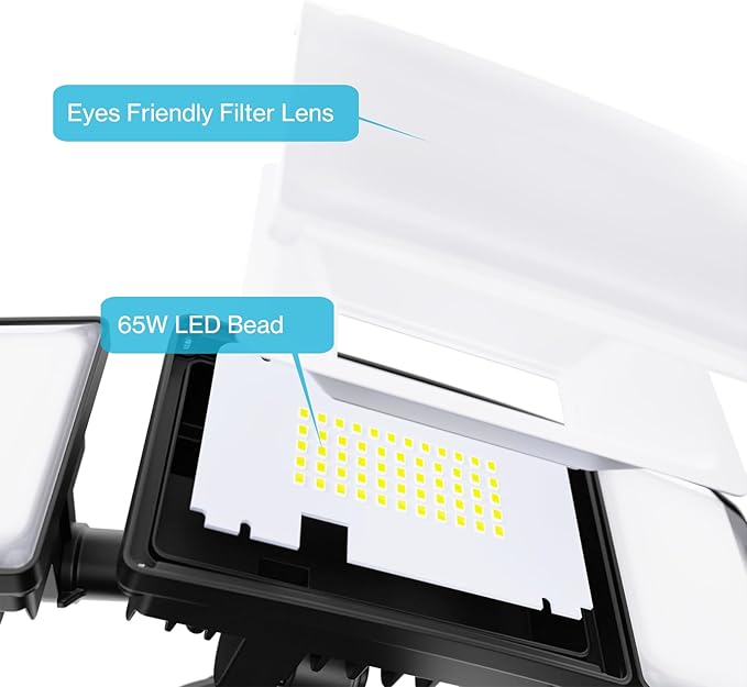 Olafus 65W Motion Sensor Outdoor Light, 2 Pack LED Security Light 6000LM, 6500K Exterior Motion Flood Light with 3 Adjustable Heads, for Outside Garage, Yard, Patio, IP65 Waterproof, Black-VerdiqueGarden
