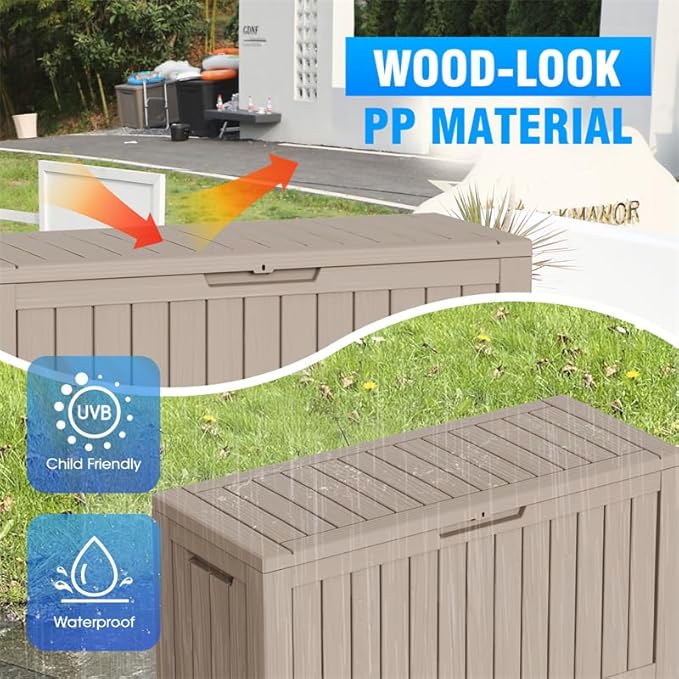 80 Gallon Outdoor Deck Box,Storage Lockable Waterproof Patio Furniture,Garden Tools,Cushions,Pool Accessories Outside Storage Resin Box(Gery)-VerdiqueGarden