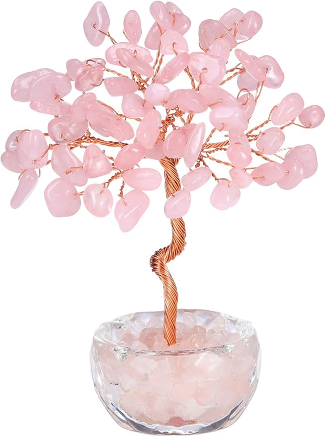 Jovivi Small Rose Quartz Crystal Tree, Natural Crystal Healing Stones Tree Glass Bowl Base Gemstone Money Trees Feng Shui Good Luck Home Desk Decor-VerdiqueGarden
