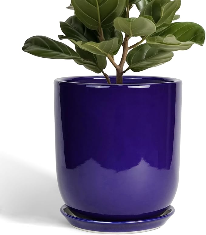 10 Inch Plant Pot - Ceramic Pot for Indoor Plants Large Planter Modern Outdoor Flower Pot with Drainage Hole and Saucer for Home Patio Decor Blue-VerdiqueGarden