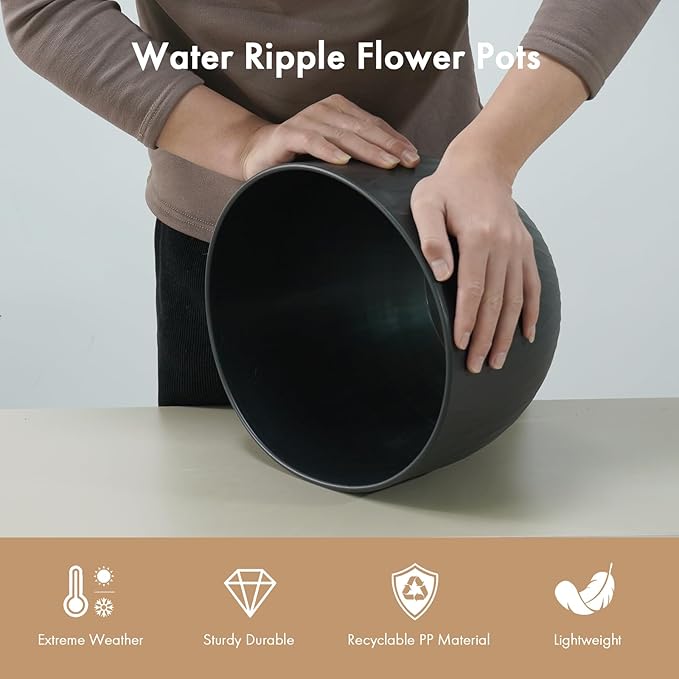 12 Inch Large Plant Pots for Indoor or Outdoor Plants, Wide Water Ripples Flower Pots with Drainage Holes & Saucer, Plastic Planters Set for Garden & Home Decor (Black)-VerdiqueGarden