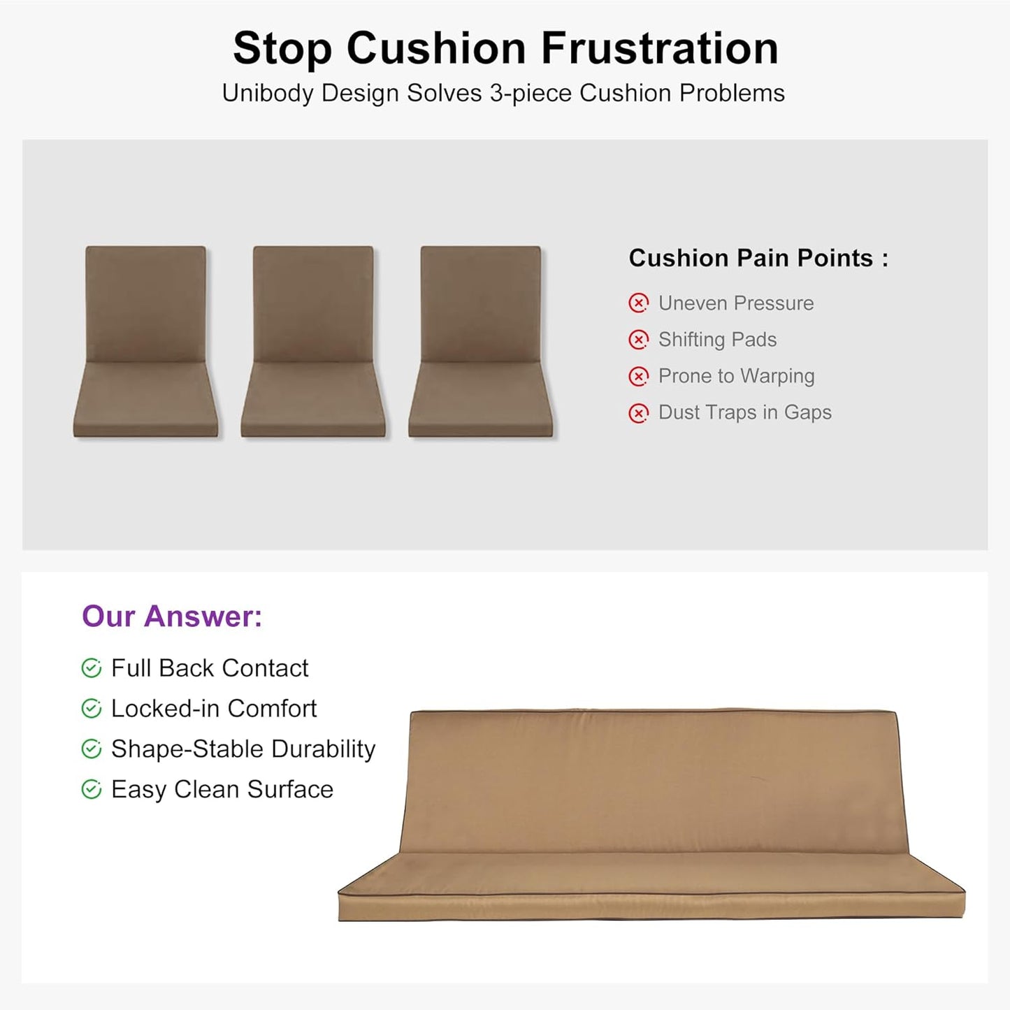 PURPLE LEAF Outdoor Patio Porch Swing Adjustable Backrest, 3-seat Swing Chair with Weather Resistant Steel Frame for Backyard Front Porch Lawn, Cushion and Pillows Included, Beige-VerdiqueGarden