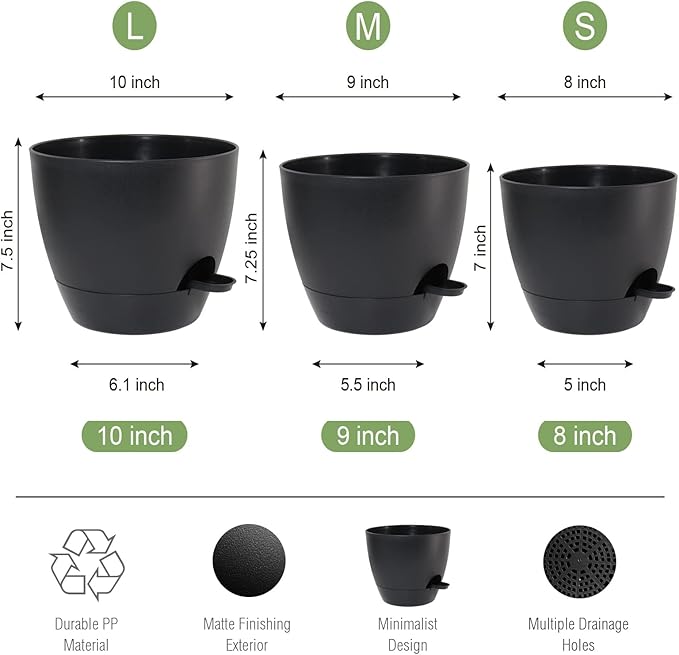 10/9/8 inch Self Watering Pots, Set of 3 Plastic Planters with Mesh Drainage Holes and Deep Reservoir for Indoor Outdoor Garden Plants and Flowers, Black-VerdiqueGarden