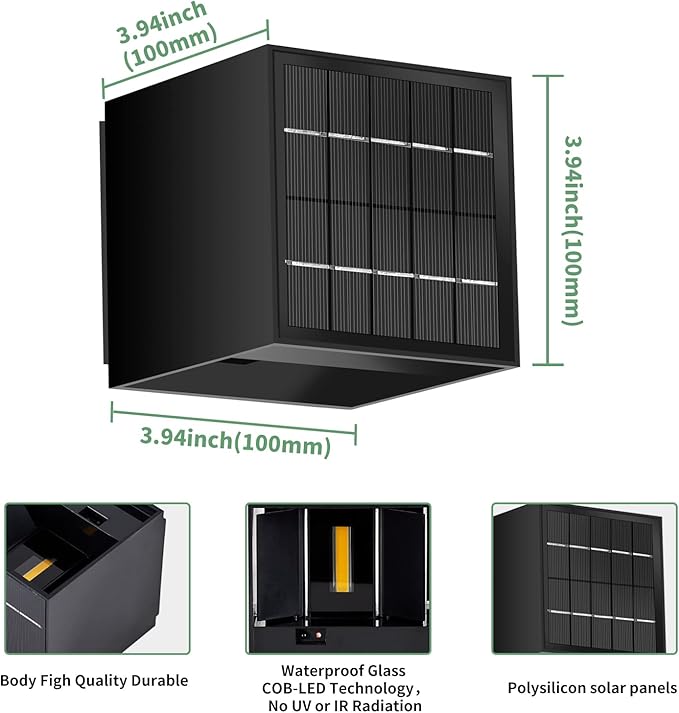 LANFU Solar Powered Motion Sensor Square Outdoor Wall Lights,Black Modern Up and Down Wall Lamps 10W,IP65 Waterproof Warm White 3000K Wall Sconce Light Exterior for Fence,Garden-VerdiqueGarden