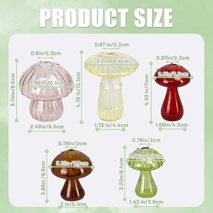 5 Pcs Mushroom Glass Planter for Plants, Stylish Unique Mushroom Vase for Home Decoration,Colorful Propagation Jars,Ideal Gardening Companion and Creative Floral Arrangement-VerdiqueGarden