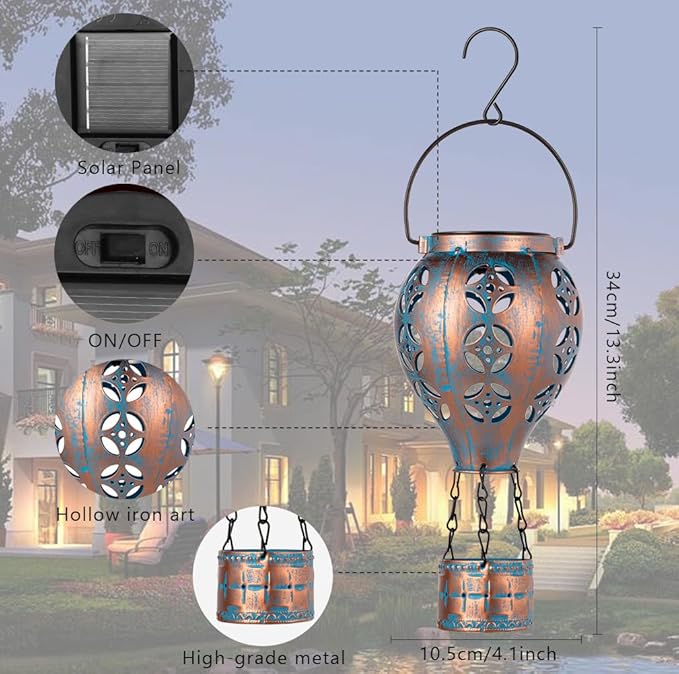 Hot Air Balloon Solar Lantern for Garden Decor,2 Pack Matal Hanging Lantern,Outdoor Metal LED Solar Lights for Yard Patriotic Trees Decor-VerdiqueGarden