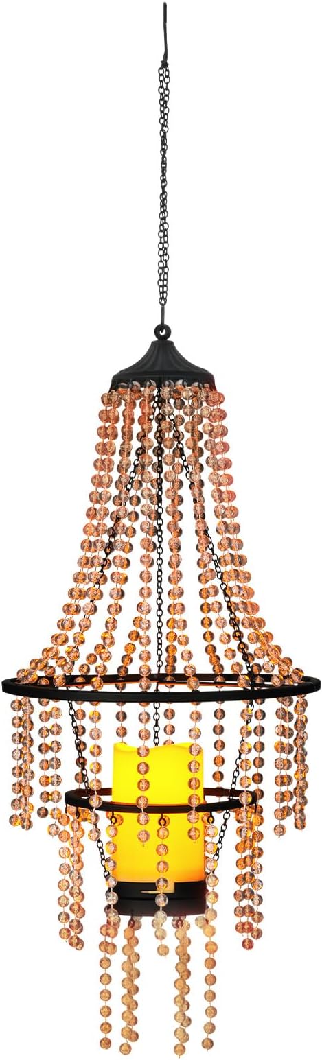 Battery Operated Hanging Chandelier Outdoor Indoor, 28” Modern Acrylic Crystal Hanging Beaded Lantern with Led Candle Light, Pendant Lights Decor for a Gazebo, Garden, Backyard, Patio, Balcony, Porch-VerdiqueGarden