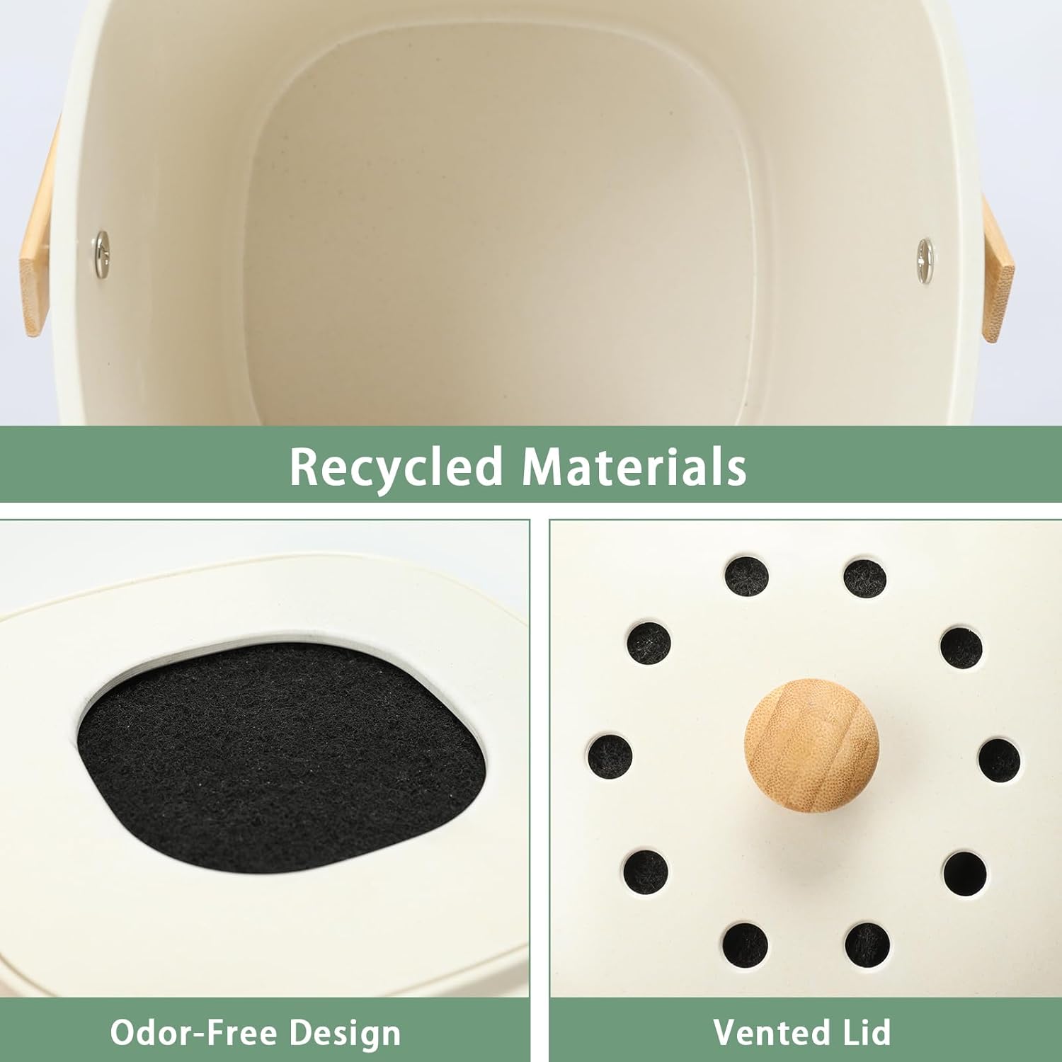 Vipush Bamboo Fiber Compost Bin with Lid Small Countertop Compost Bin Includes Charcoal Filter, Beige-VerdiqueGarden