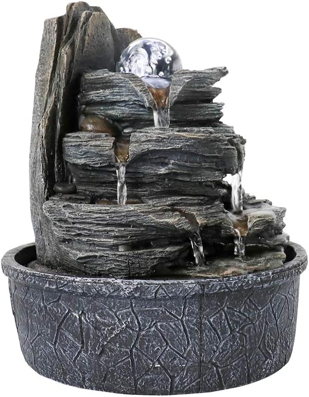 Rockery Indoor Water Fountain, Zen Meditation Tabletop Fountain with LED Lights & Crystal Ball for Home Office Bedroom 9 4/5"-VerdiqueGarden