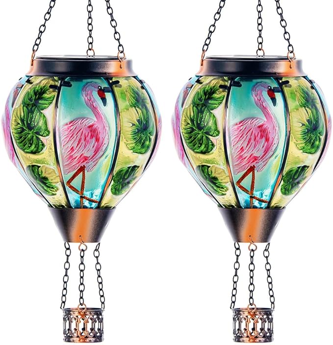 Starsoul 2 PC Flamingo Hot Air Balloon Solar Lantern with Flame Glass Outdoor Hanging Hot Air Balloon Solar Light Waterproof Garden Patio Yard Party Decorations-VerdiqueGarden