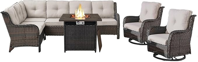 Outdoor Sectional Sofa Furniture Set with Propane Fire Pit Table, Wicker Patio Conversation Set with 2 Swivel Glider Rocker Chairs Beige Cushion Perfect for Backyard Casual Gathering-VerdiqueGarden