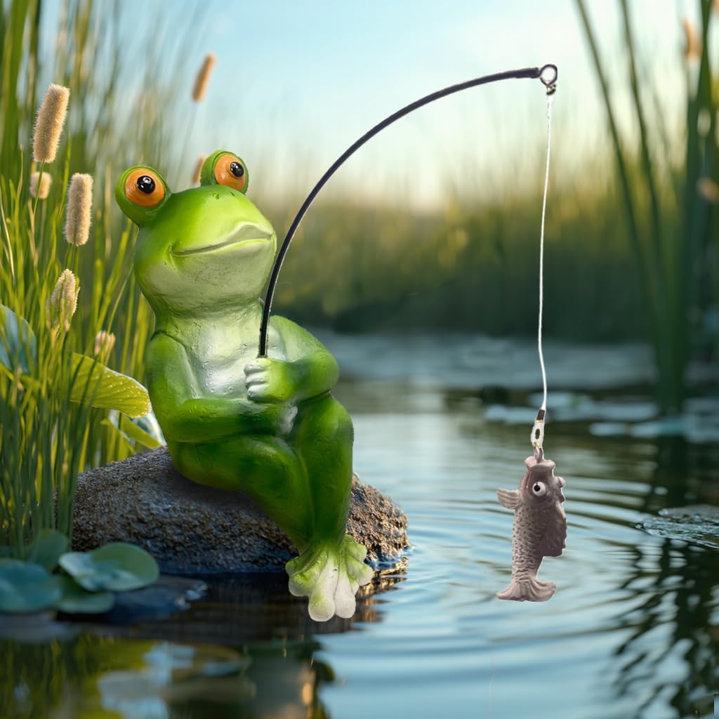 Frog Fishing Statue Garden Decor – 9.8" Weatherproof Resin Frog Fishing Sculpture Decor for Fish Ponds, Koi Ponds, Waterfalls, Poolside & Outdoor Gardens– Resin Figurine for Indoor & Outdoor Décor-VerdiqueGarden