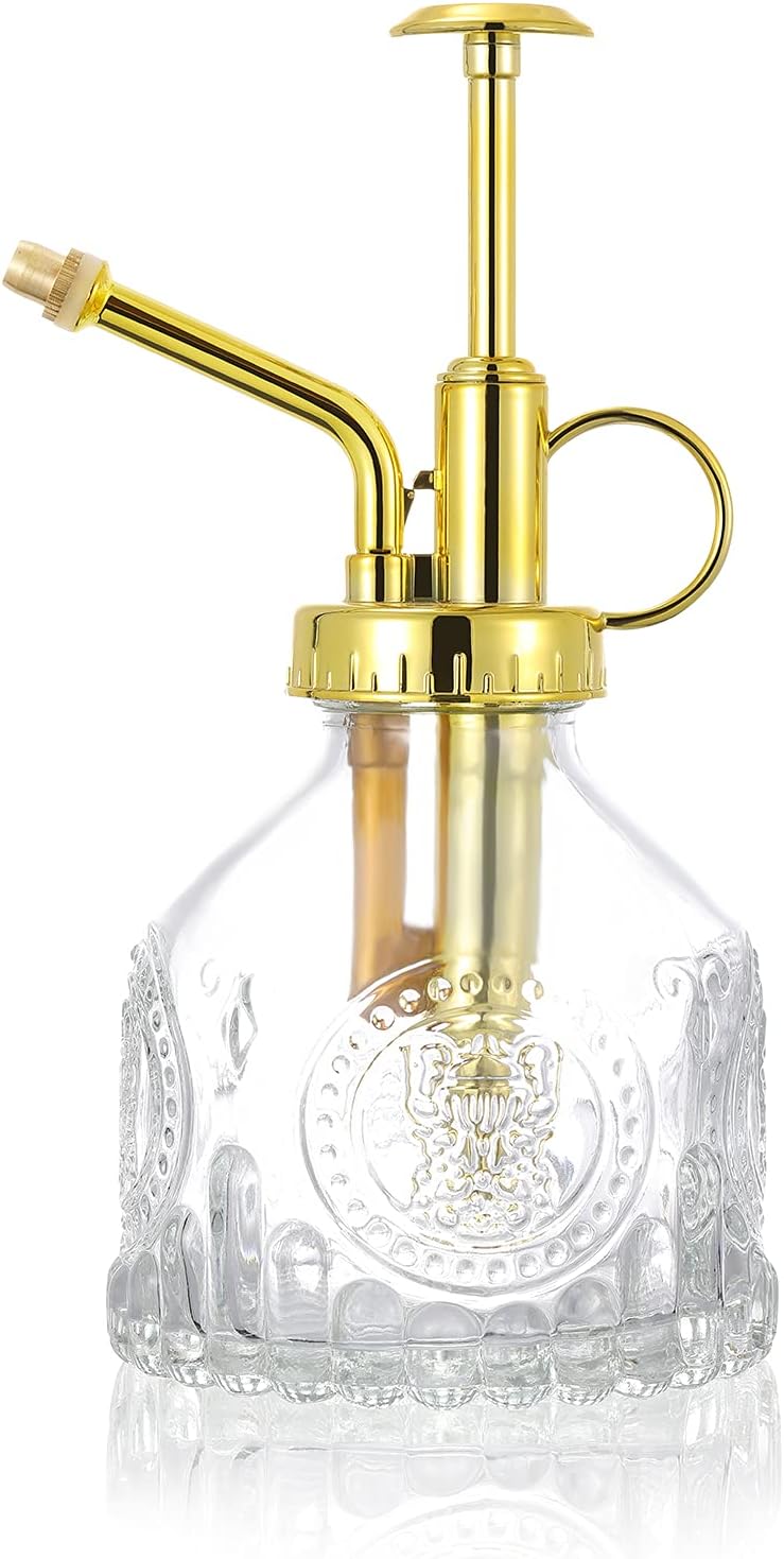 Glass Plant Mister Spray Bottle, Vintage Succulent Water Sprayer with Golden Top Pump, Small Sprayer Mister for Indoor Outdoor House Plants - Clear-VerdiqueGarden