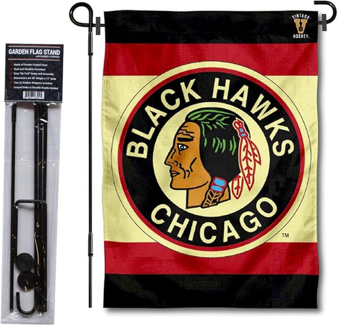 WinCraft Chicago Blackhawks Vintage Retro Garden Flag with Pole Stand Holder-VerdiqueGarden