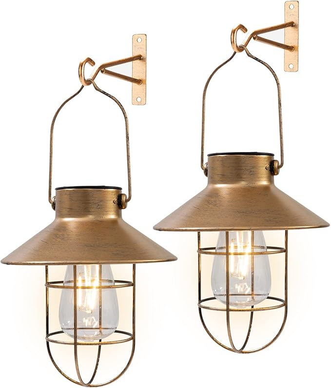 pearlstar Solar Lanterns Outdoor Metal Solar Powered Hanging Lights Waterproof for Barn Wall Yard Garden Patio Garage Balcony Porch Fence Decor, Warm White Edison Bulb (Copper-2pack)-VerdiqueGarden