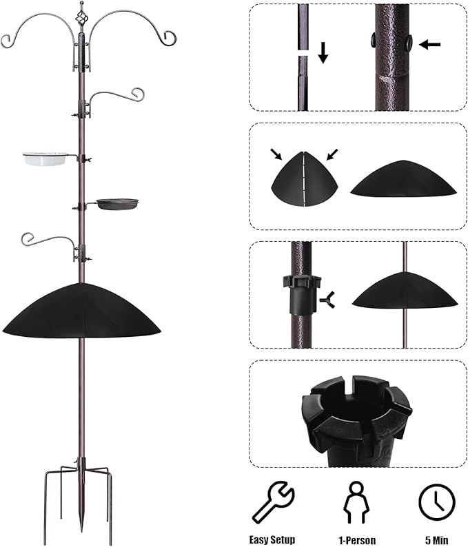 Bird Feeder,91in 4 Hook Bird Feeder Pole with Squirrel Baffle,Bath and Mesh Tray,Steel Multi-Feeder Kit Stand for Attracting Wild Birds, Easy Assembly for Courtyards (Weld, Black 91IN)-VerdiqueGarden