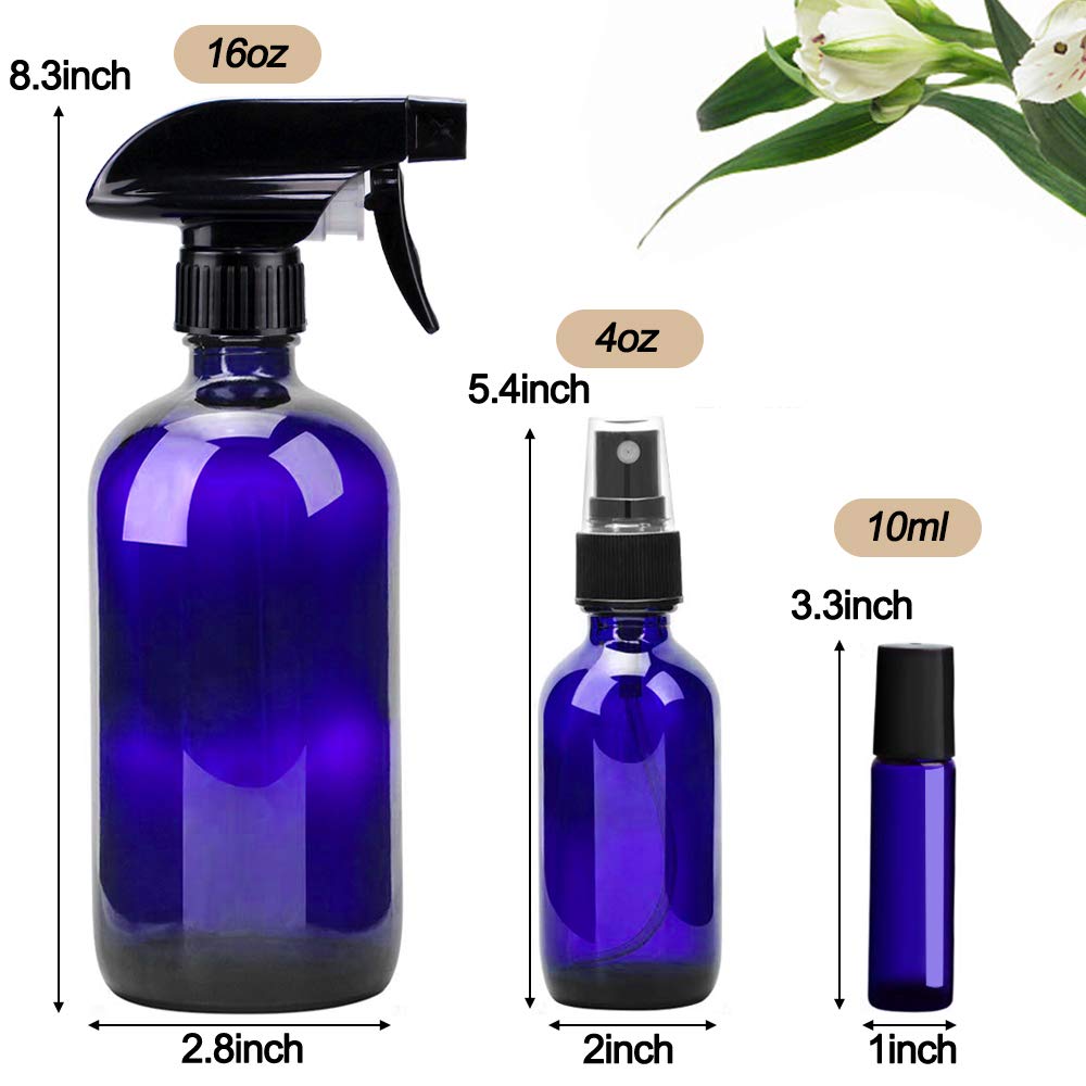 Glass Spray Bottle Kit×10 (2×16 oz, 2×4 oz, 6×2 oz), 9×10 ml Roller Bottles, Anti UV, Multi Size and Versatile, Suitable for Aromatherapy, Facial Moisturizing, Watering, etc.(Blue-VerdiqueGarden