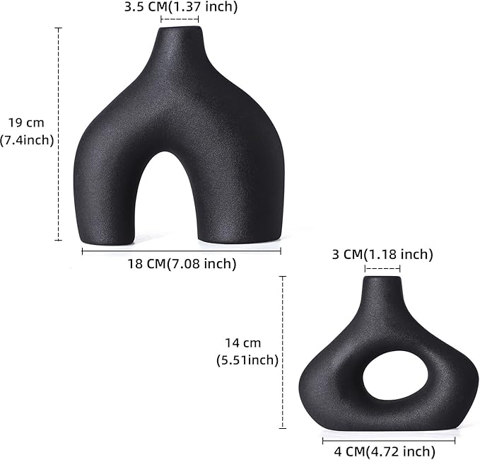 CEMABT Black Ceramic Vase Set of 2 for Modern Minimalist Bohemian Decor，Round Matte Donut Vases for Pampas Grass-Perfect for Living Room, Dining Table, Office Bedroom Shelf Decor Entryway, Console-VerdiqueGarden