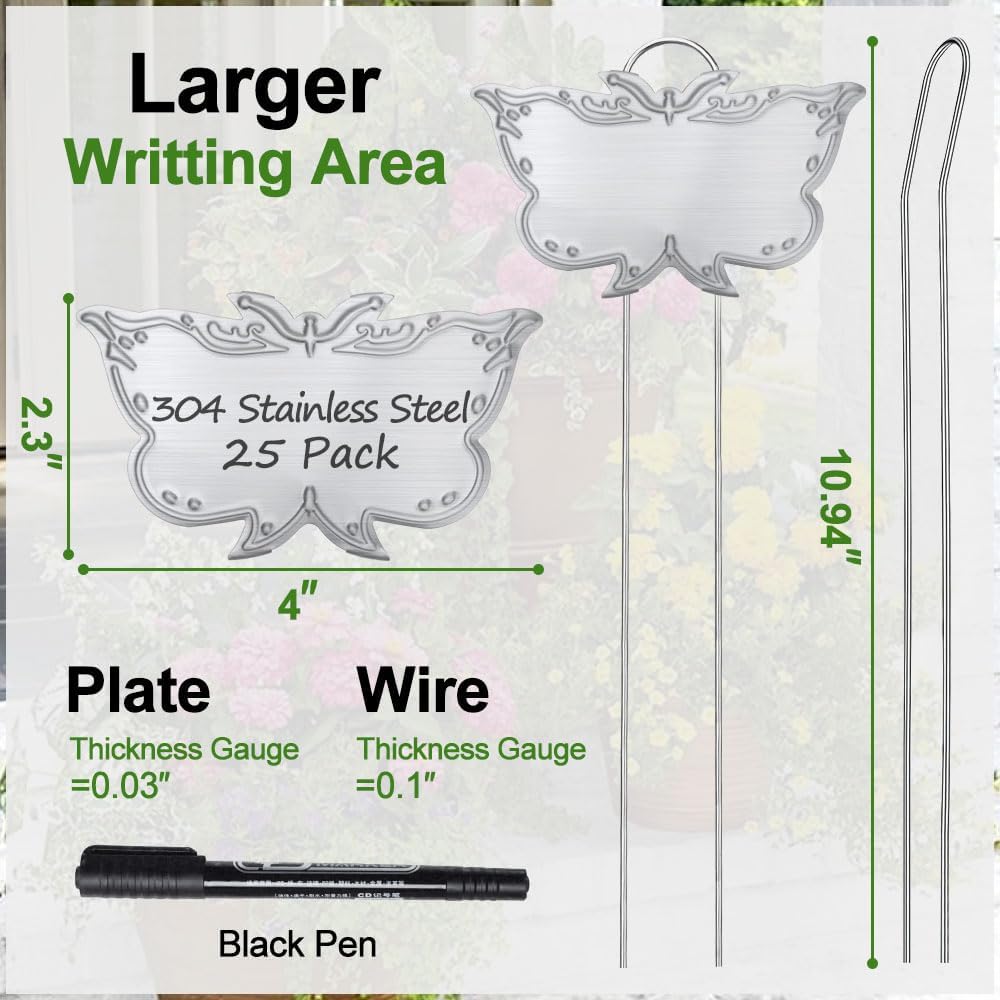 Metal Plant Labels, Tall Outdoor Butterfly Garden Markers for Flowers, Fruits and Vegetables, 304 Stainless Steel Weatherproof Signs (25 Packs, 4" x 2.3", Silver Butterfly Design)-VerdiqueGarden