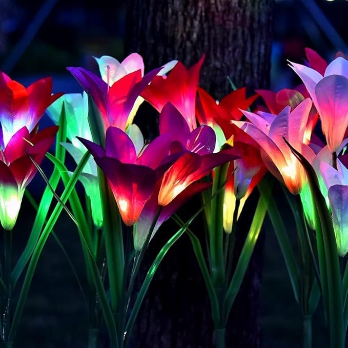 ANGMLN 4 Pack Solar Flowers Lights,16 Bigger Head Solar Lily Flowers, 7 Color Changing Pathway Lamps for Garden Patio Yard Party Wedding Holiday Outdoor Garden Stake Decoration(Purple2&White1&Pink1)-VerdiqueGarden