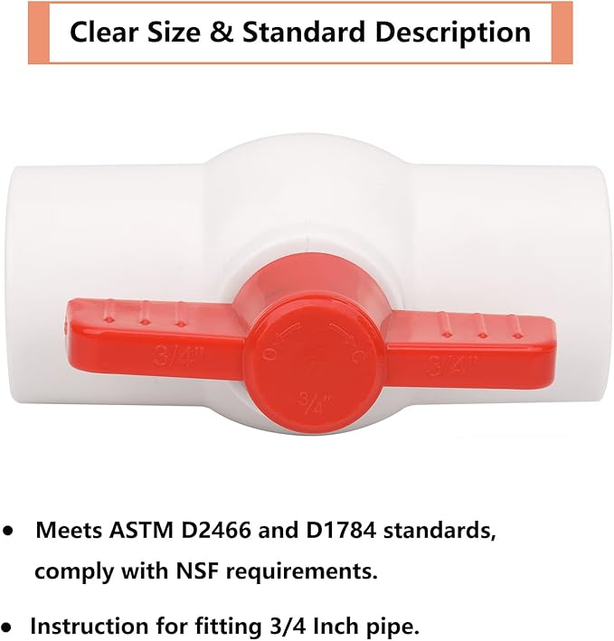 6Pcs 3/4" PVC Ball Valve Water Pipe Shut-off Valve Socket with Red T-Handle for Cold Water Supply lines, Irrigation Pipe fitting System(Socket x Socket), Schedule 40-VerdiqueGarden