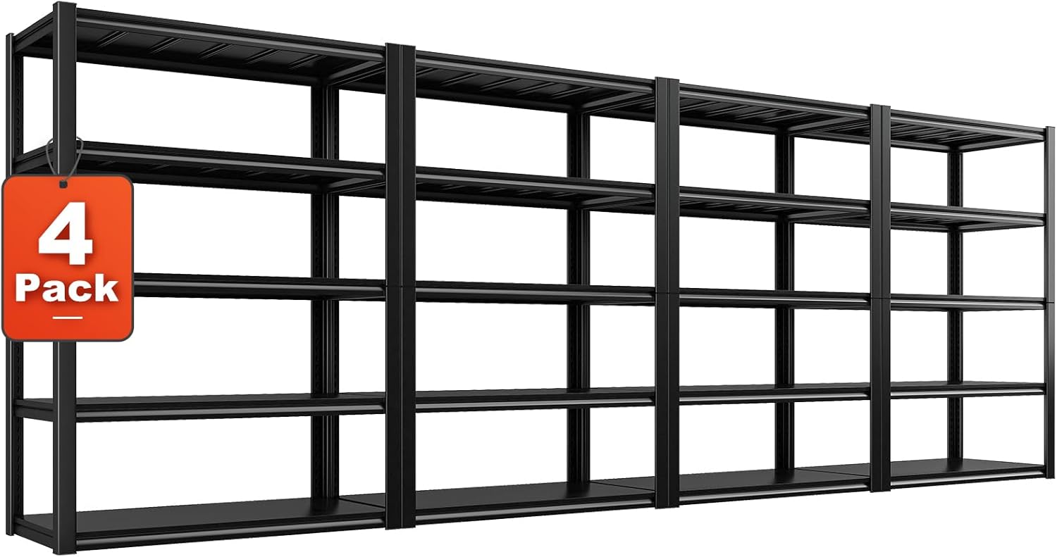 REIBII Garage Shelving 48.2" W Storage Shelves 3000LBS Metal Shelving Heavy Duty Adjustable Metal Shelf 5 Tier Pantry Shelves for Basement Warehouse Supermarket 72.2" H x 24.2" D x 48.2" W, 4 Pack-VerdiqueGarden
