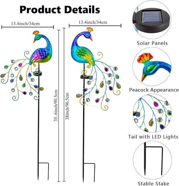 DREAMSOUL 2 Pack Peacock Solar Lights Outdoor, Waterproof Metal Peacock Outdoor Solar Lights for Yards Pathway Lawn Decoration Peacock Gifts-VerdiqueGarden