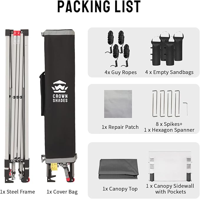 CROWN SHADES Canopy Tent 10x10 Pop Up Canopy Outdoor Shade with Pockets Sidewall, Easy Up Sun Shelter with One Person Set Up Center Lock, Portable Instant Camping Beach Canopies Tents, Grid Grey