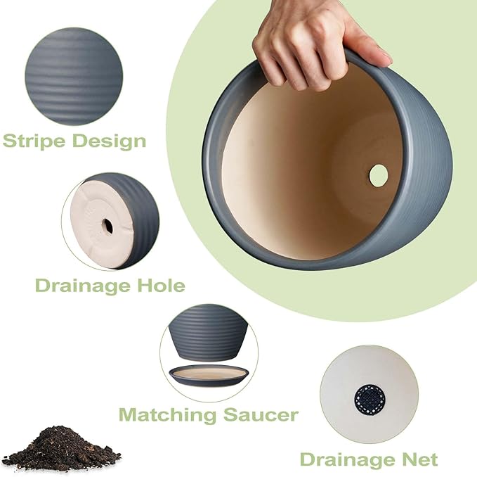 10 Inch Ceramic Planter Round Plant Pots for Plants Indoor Outdoor Glaze Large Flower Pot with Drainage Hole and Saucer Gray-VerdiqueGarden