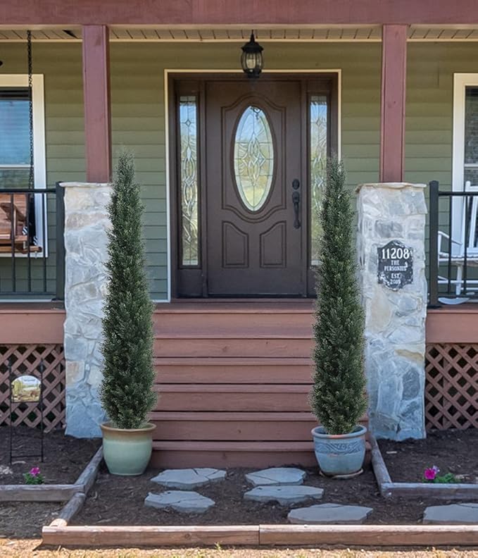 momoplant Artificial Topiary Cedar Tree Outdoor Uv Resistant, 5.5 Ft Faux Cypress Toparies Trees 67 Inch Fake Plant【2 Pack】 with Black Pot-VerdiqueGarden