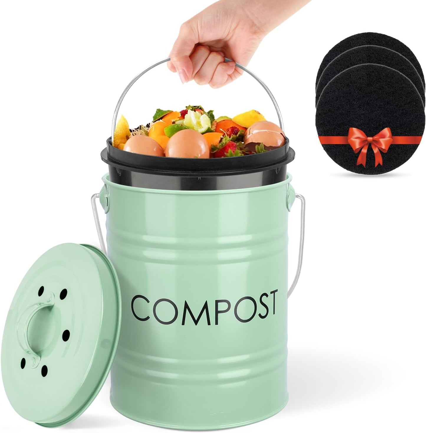 Vipush Kitchen Countertop Compost Bin with lid – Small, Includes Inner Compost Bucket Liner & Charcoal Filter, Green-VerdiqueGarden