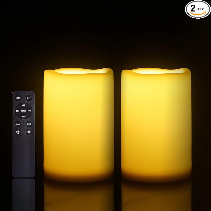 Waterproof Outdoor Flameless Candles with Remote, Set of 2, Large 4” x 6” Battery Operated Electric LED Pillar Candle Set for Home Décor Party Wedding Supplies Garden Christmas Decoration Gift-VerdiqueGarden