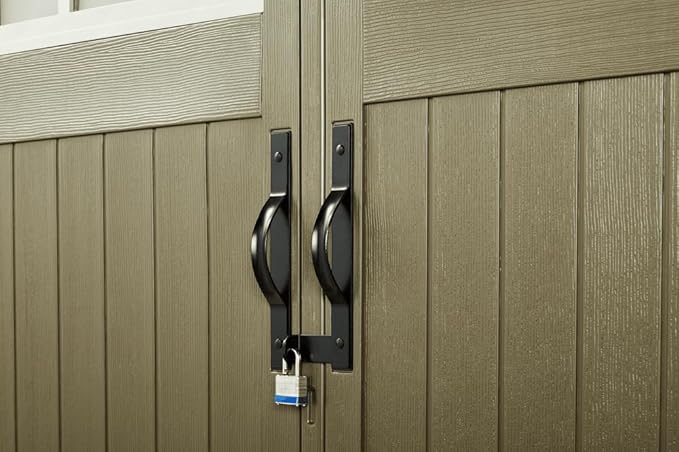 Rubbermaid 7 Foot by 7 Foot Weatherproof Outdoor Storage Shed for Garden Tools and Lawn Machinery Organization with Lockable Double Door Sandstone-VerdiqueGarden