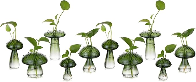 Glasseam Mushroom Plant Propagation Stations: Green Glass Terrarium Jar Set of 10 Cute Planters for Indoor Plants Mini Propagate Station Unique Christmas Birthday Gifts for Women Home Office Decor-VerdiqueGarden