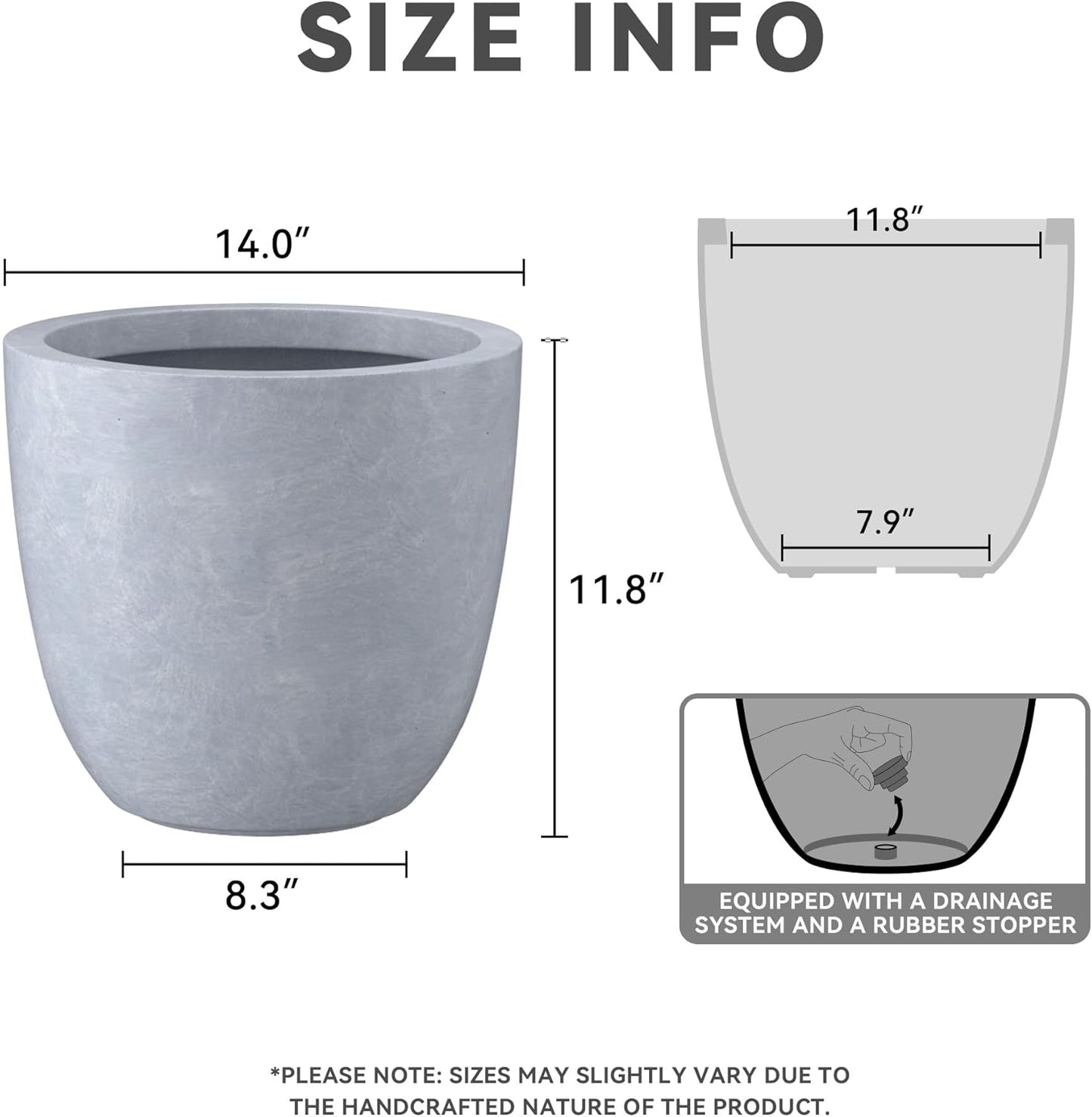 Kante 14 Inch Dia Round Concrete Planter, Indoor Outdoor Large Plant Pot with Drainage Hole and Rubber Plug for Home Patio Garden, Gray-VerdiqueGarden