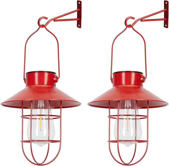 pearlstar Solar Lanterns Outdoor Christmas Metal Solar Powered Hanging Lights Waterproof for Wall Barn Yard Garden Patio Garage Balcony Porch Fence Decor, Warm White Edison Bulb (Red-2pack)-VerdiqueGarden