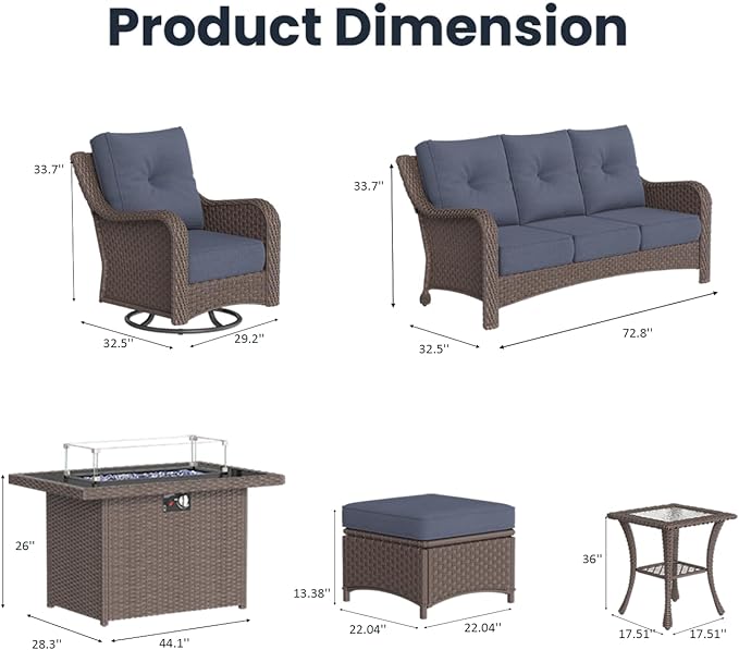 7 Pieces Outdoor Patio Furniture Sets with Rocking Swivel Chairs with 6-inch Thick Cushion and Fire Pit Table for Deck Lawn-VerdiqueGarden