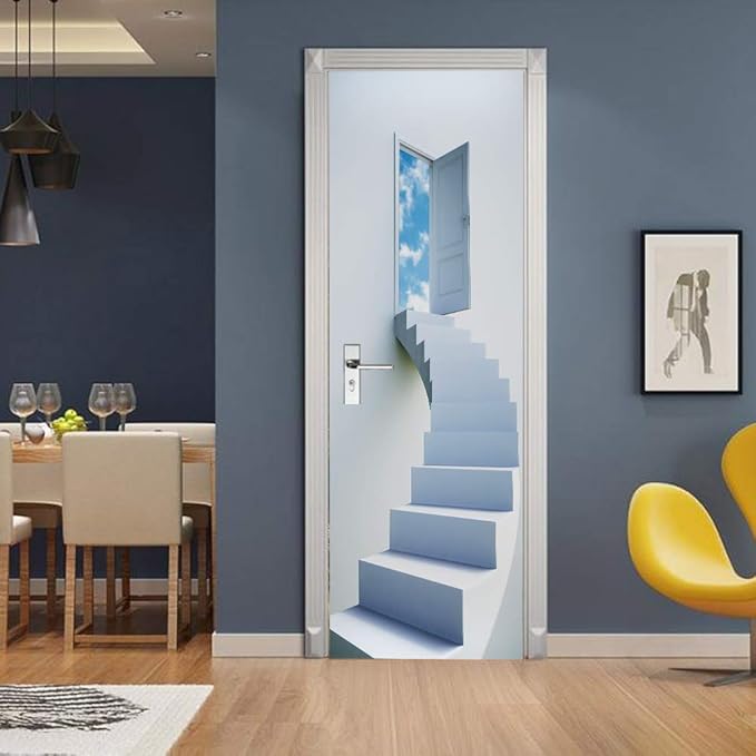 3D Door Stickers - Murals - Peel & Stick - Stairs - Blue - Modern - PVC - Waterproof - Removable - 37.4" x 82.7"-VerdiqueGarden