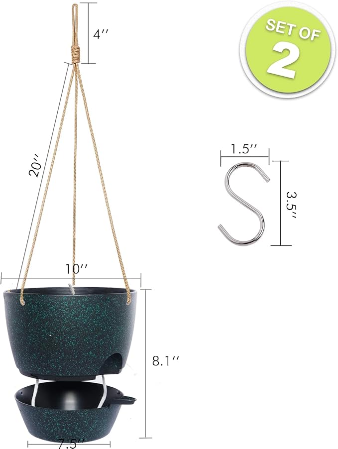 10 Inch Self Watering Hanging Pots, 2 Pack Hanging Planters with 40oZ Deep Reservior for Indoor Outdoor Plants Flowers, Black Speckles-VerdiqueGarden
